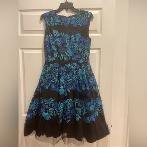 Tahari ASL Womens Sz 8 Blue Black Embroidered Tulle‎ Floral Fit & Flare Dress
